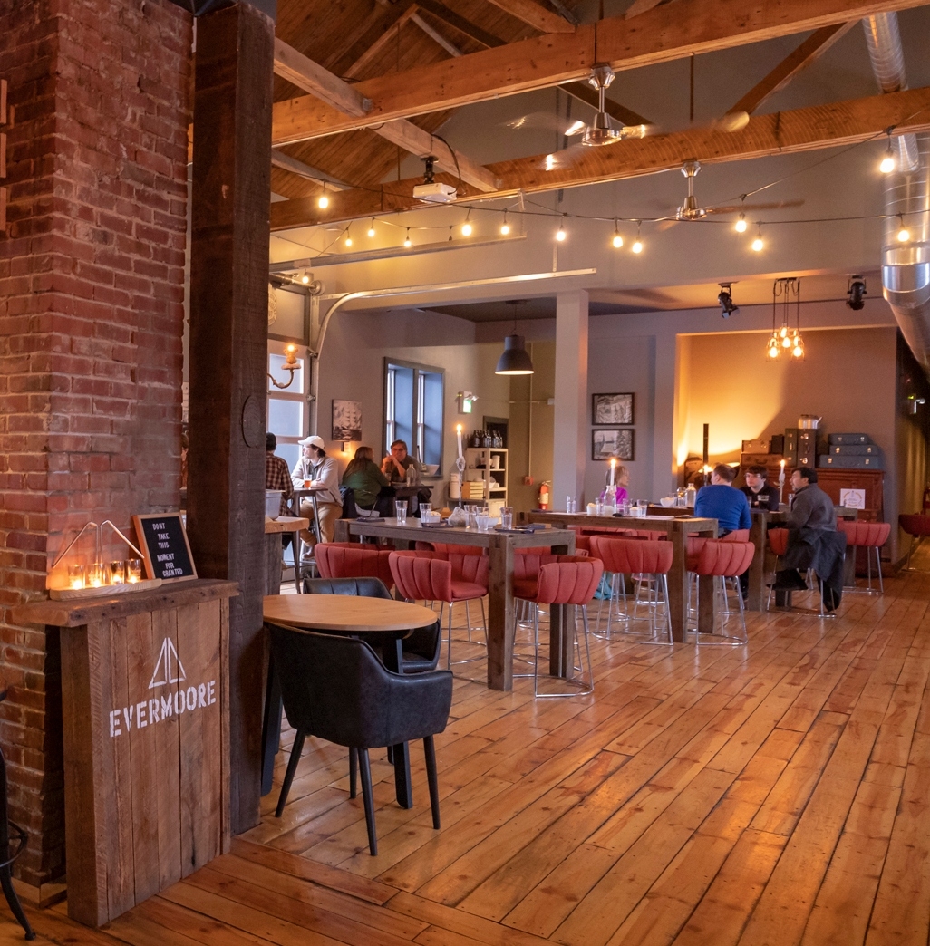 Interior view of dining room of Evermoore Brewing Co.